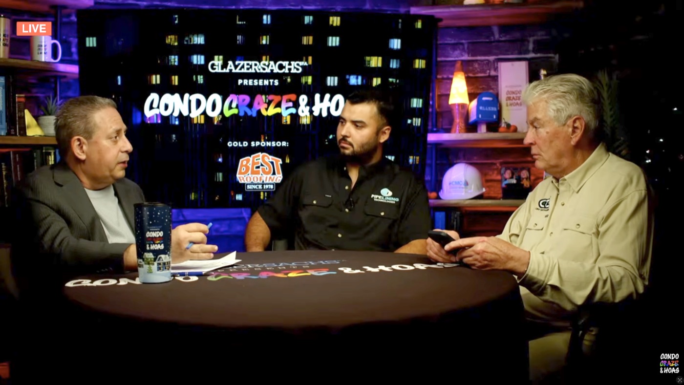Three guests in conversation in the Condo Craze and HOAs studio